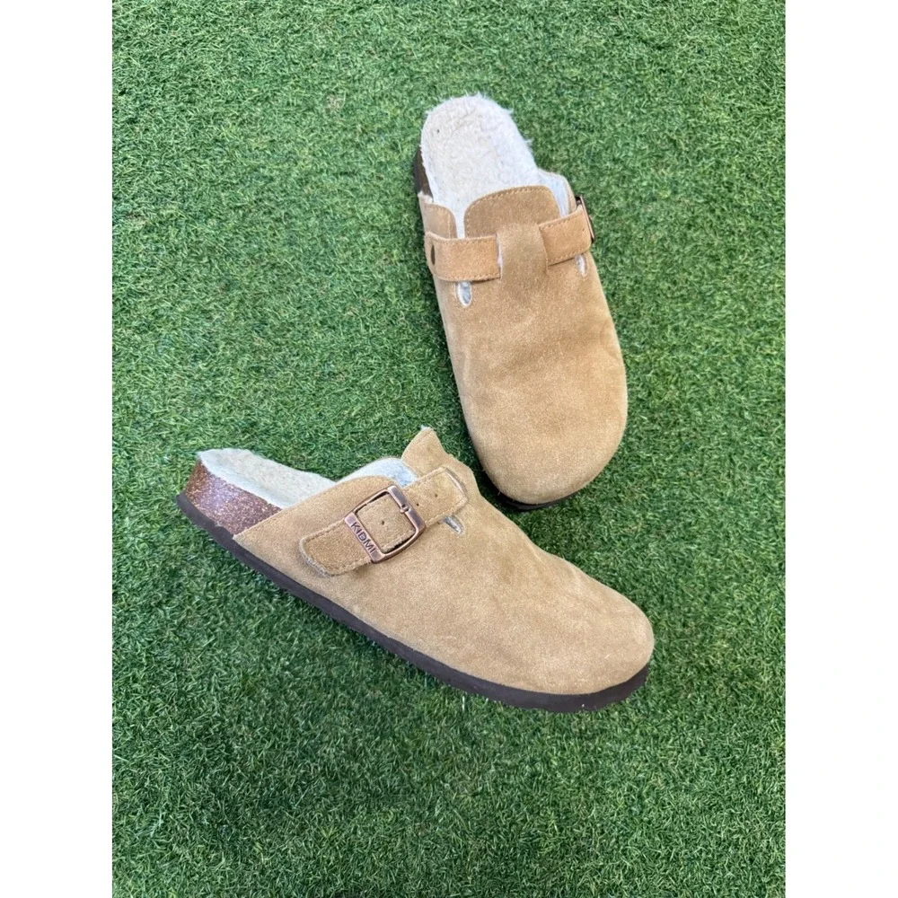 KIDMI Mens Suede Clogs‎ Faux Shearling Lined Buckle Mules Tan Size 8
